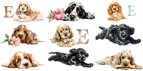 Watercolor drawing set of  English Cocker dog