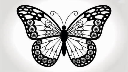 Intricate black and white mandala butterfly with detailed floral and circular patterns