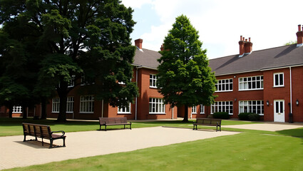 University Building Quiet courtyard in a heritage college, benches under large trees, surrounding red-brick buildings with tall chimneys..jpg