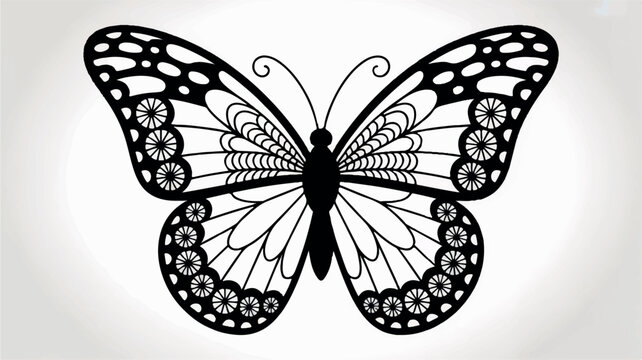 Intricate black and white mandala butterfly with detailed floral and circular patterns