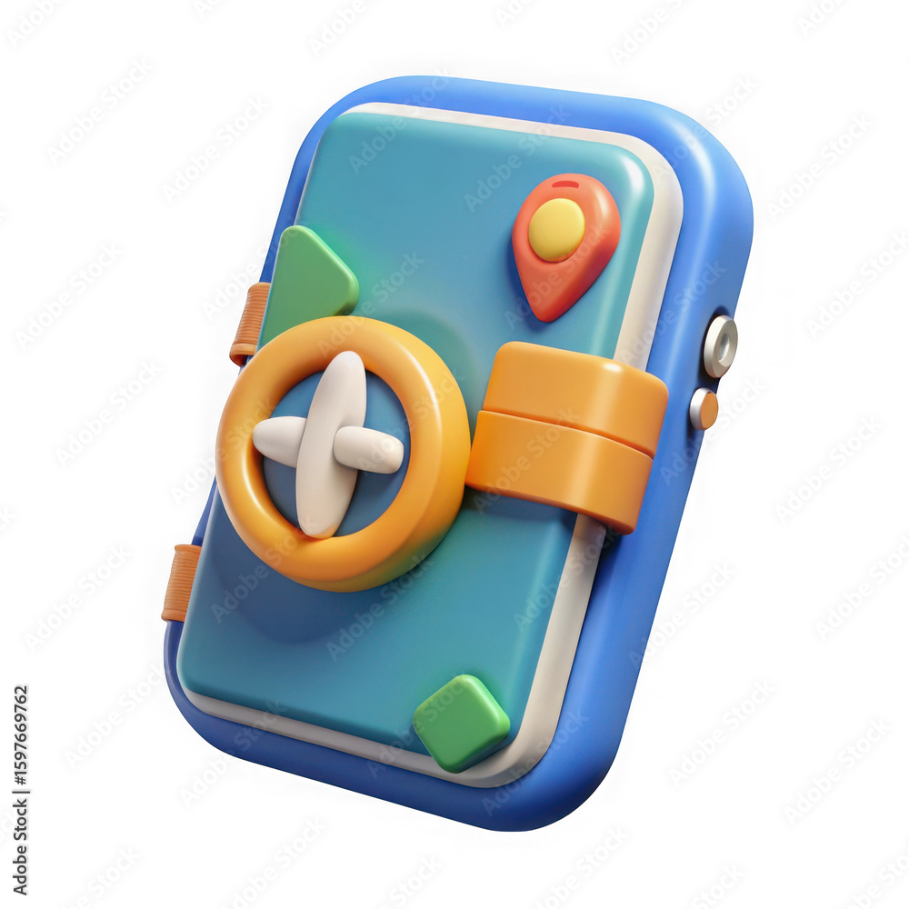 Poster 3d stylized travel device with navigation icons isolated on transparent background