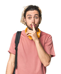 Young student with backpack and headphones keeping a secret or asking for silence.