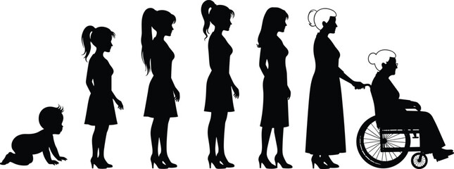 Silhouettes of woman transitioning through life stages, from childhood to old age, aging process, human development, timeline, black and white