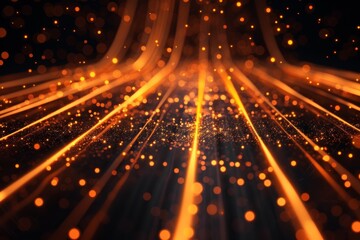 Fototapeta premium Radiant golden light beams shine through particles creating a magical atmosphere.