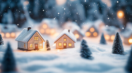 Naklejka premium Cozy miniature village nestled in a snowy landscape with warm glowing lights