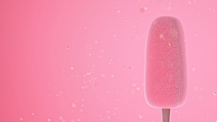 Fully uncoated pink ice cream bar rendered with frosty texture and realistic lighting. Floating particles suggest remnants of previous coating. Clean visual for snack branding, minimalist packaging