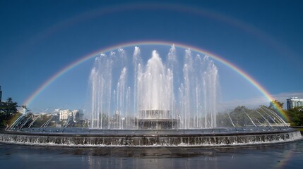 A large water fountain creates a rainbow against a clear blue sky .