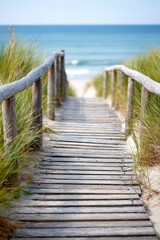 Obraz premium Wooden boardwalk leading to a beautiful beach with coastal vegetation
