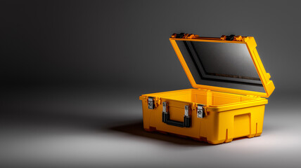 Bright yellow toolbox with partially opened lid is placed on smooth surface, casting soft shadow. toolbox features sturdy latches and comfortable handle, ideal for secure storage