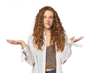 Simple redhead studio portrait confused and doubtful shrugging shoulders to hold a copy space.