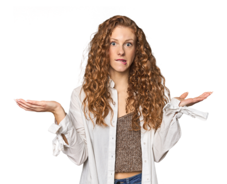 Simple redhead studio portrait confused and doubtful shrugging shoulders to hold a copy space.