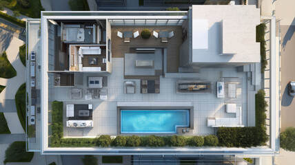Aerial view of luxurious penthouse featuring spacious terrace with swimming pool, modern outdoor seating, and lush greenery. interior includes elegant living spaces and stylish kitchen