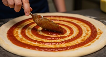 A close-up of a hand spreading rich, red tomato sauce in a perfect spiral on a round of fresh pizza dough