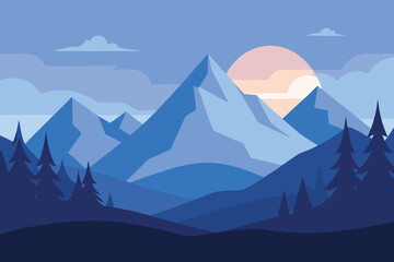 Minimalist Mountain Landscape Vector Illustration: Blue Peaks, Pine Trees, Sunset, Nature Scene, Geometric Art, Background Image