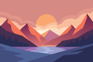 Minimalist Mountain Landscape at Sunset Vector Illustration: Serene Lake, Warm Colors, Geometric Design, Nature Wallpaper