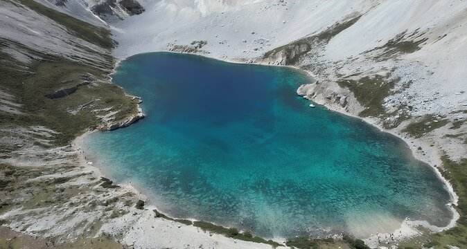 Clear Lake Surrounded by High Mountains, Aerial View of Plateau Natural Landscape