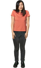 Obraz premium Full-body young Chinese woman shrugs shoulders and open eyes confused.