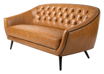 Elegant tufted tan leather loveseat with black accents and tapered legs isolated on transparent background