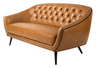 Elegant tufted tan leather loveseat with black accents and tapered legs isolated on transparent background