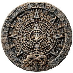 Obraz premium Intricate Aztec sun stone carving, presented with angled lighting to reveal radial patterns and stone texture, isolated on a transparent background. --v 7.0 --s 250 --raw