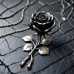 Dark Academia Black Rose Charm on Cracked Stone &ndash; Gothic Jewelry Flat Lay with Silver Chain

