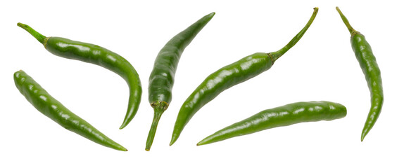 Fresh Green Chili Peppers with Stems Isolated