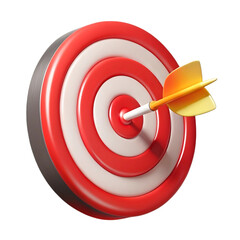 Red and white dartboard with yellow dart hitting the bullseye isolated on transparent background