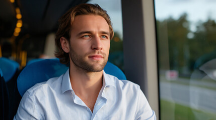 Thoughtful Young Man Leisure Journey Bus Transportation: Serene Daytime Portrait Inside Carriage Exploring Urban Landscape Environment,