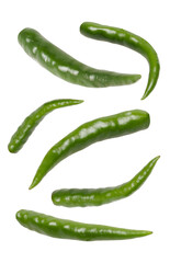 Green chili peppers with stems arranged on a white background, ideal for food, cooking, and spice-related visual content