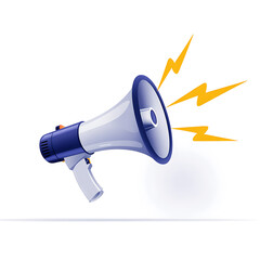 Modern Blue Megaphone Announcement; Powerful Marketing, Urgent News, Loud Speaker, Vector Illustration.