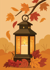 Autumn flat vector illustration with lantern and lit candle surrounded by autumn leaves and berries. Warm and cozy design for seasonal cards, posters or decor © AyaLinesDesign