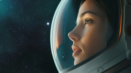 Female astronaut in white spacesuit peering through spacecraft window, observing expansive starry cosmos during scientific space exploration mission, illuminated by distant celestial light