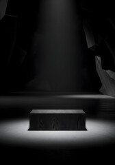 Obraz premium Dramatic wooden podium display for product showcase in a dark and moody studio setup