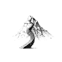 Illustration of a mountain with a winding staircase leading to the peak in black and white style