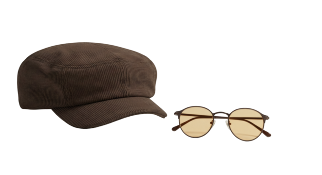 Brown corduroy cap and round sunglasses on a black background.