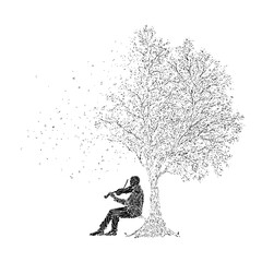 Silhouette of a musician playing violin under a detailed tree with falling leaves in black and white art