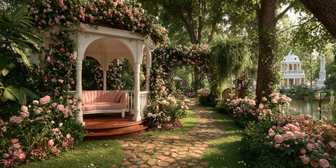 Exquisite Garden Decoration: Vibrant Flowers, Beautiful Floral Arrangement, Outdoor Decor Inspiration, Charming Backyard Design, Peaceful Garden Setting, Floral Paradise Image
