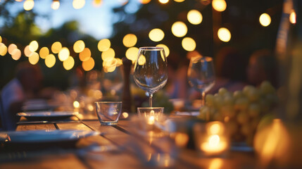 Warm ambiance of an outdoor dining event with table setting and string lights creating a festive atmosphere.