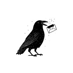 A black raven with white speckles holding a white envelope in its beak on a white background art