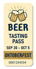 Vector Oktoberfest beer tasting ticket. Flat design in Bavarian style with mugs. Suitable for events, fairs, pubs and theme parties