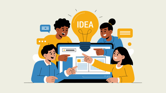 diverse team of students collaborating on a laptop with an idea lightbulb vector illustration, for a collaborative group project, creative brainstorming and teamwork innovation