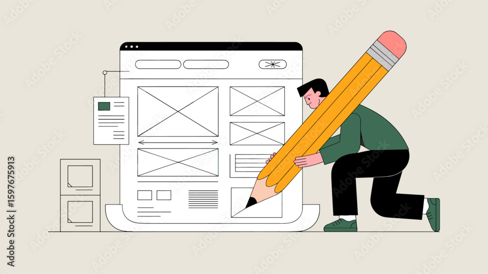 Wall mural designer with large pencil drawing a website wireframe vector illustration, structural design, appli