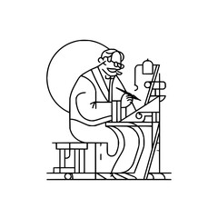 Line art illustration of an architect at his drafting table with a large circle in the background