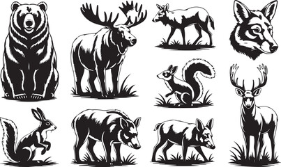 Naklejka premium Forest animals bear moose deer wolf squirrel hog vector