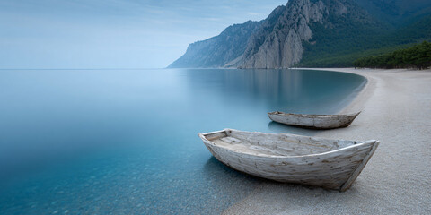 Wooden Boats on Serene Beach Coastal Charm Tranquil Waters Seaside Relaxation Nautical Vessels Scenic Seashore Summer Getaway Peaceful Scenery Azure Ocean Holiday Escape
