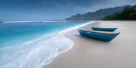 Tranquil Beach Scene: Wooden Boats on Golden Sand, Coastal Relaxation Art, Peaceful Seascape View, Nautical Theme Decor, Vacation Getaway Image
