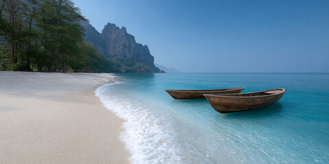 Tranquil Beach Scene Wooden Boats Coastal Serenity Maritime Vessels Sandy Shoreline Peaceful Seascape Nautical Charm Vacation Getaway Seaside Relaxation Coastal Lifestyle Beachfront Boats
