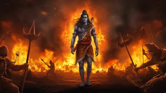 Powerful deity in fiery battle scene