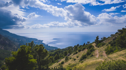 Fototapeta premium Mountain trail overlooking the ocean under a bright, cloudy sky on a sunny day.