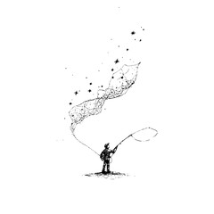 A lone angler casts his line under a starry sky creating a magical and whimsical scene in black and white